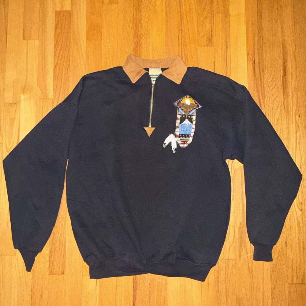 Vtg 90s Sweatshirt 1/4 Zip Southwestern Eagle Mountain Feather Faded Black XL